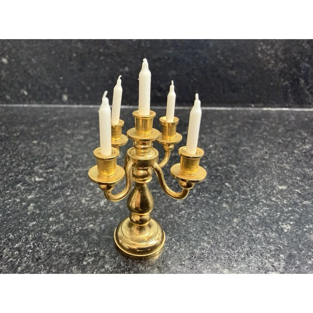 Vintage Solid Brass Dollhouse Miniature 5 Arm Candelabra Real Wax Candles 2